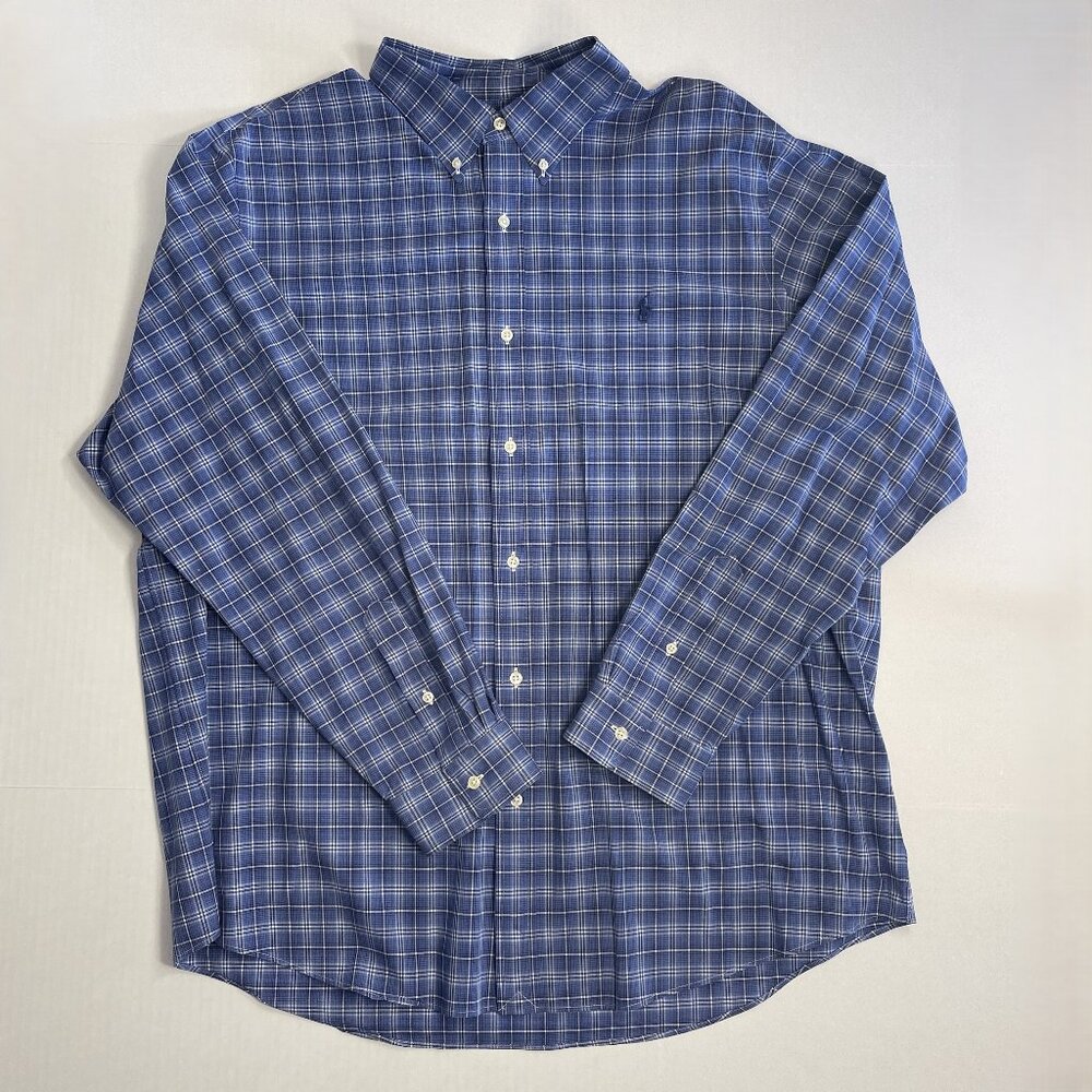 Ralph Lauren Shirt Men’s XXL 2XL Classic Fit Button Down Plaid Blue White Pony